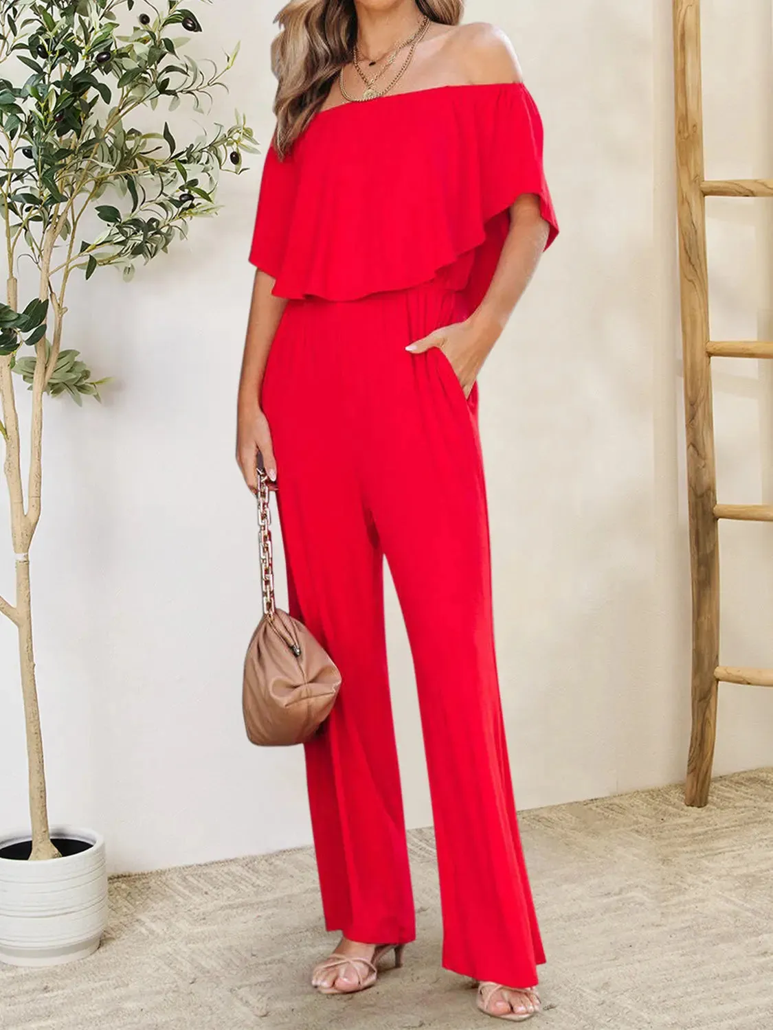 Blue Jumpsuit – Ruffled Off-Shoulder Style Jumpsuit