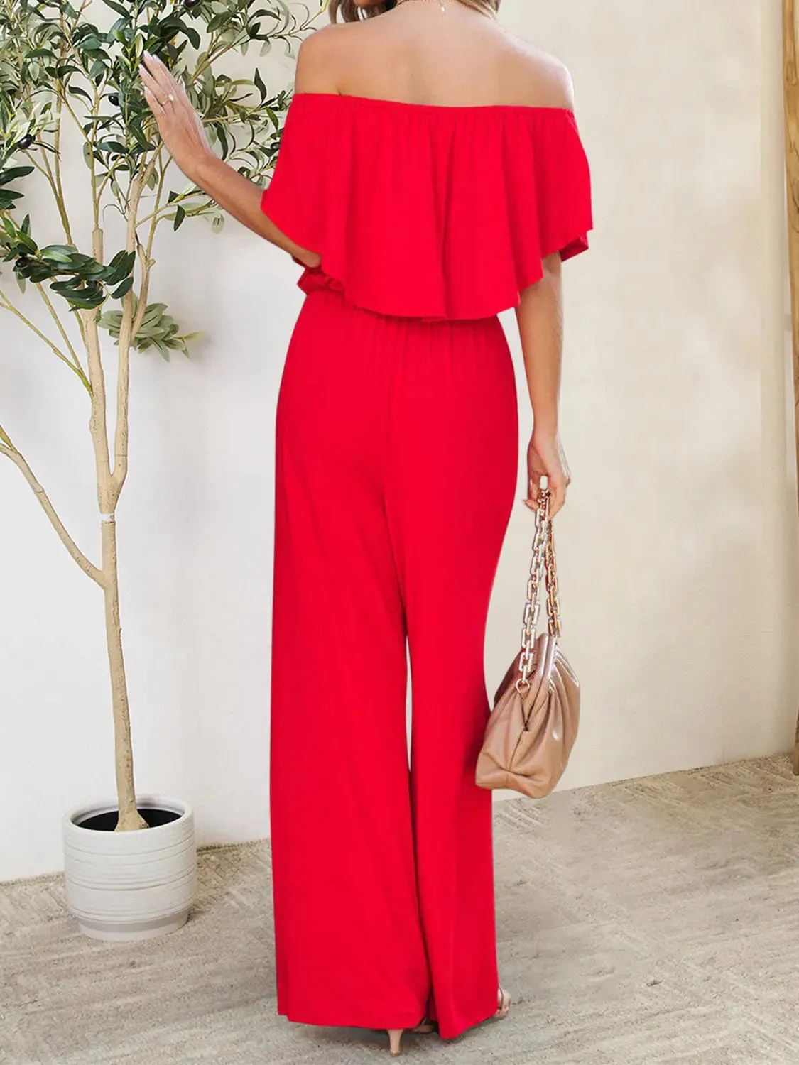 Blue Jumpsuit – Ruffled Off-Shoulder Style Jumpsuit
