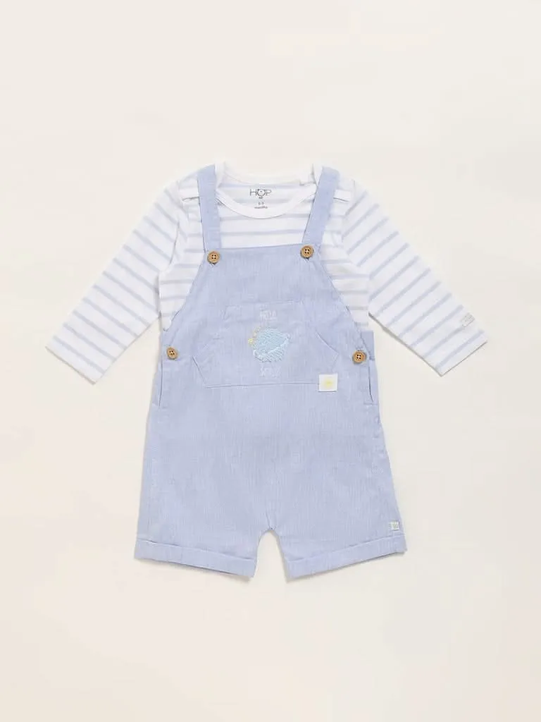 HOP Baby Blue Striped T-Shirt & Dungaree Set