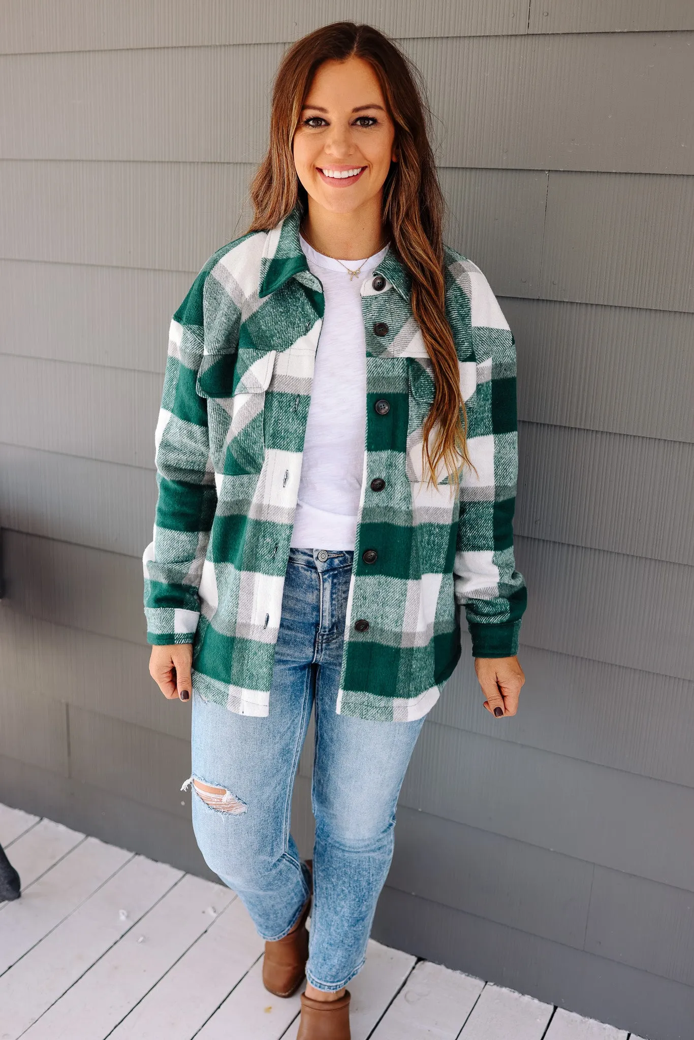 Kristin Plaid Shacket - Forest Green