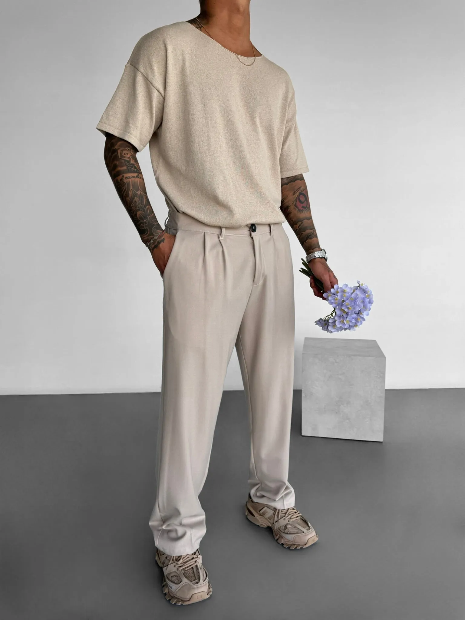 Oversize Thin Knit T-shirt - Beige
