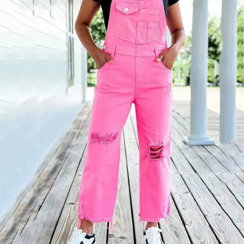 Solid pink Wide Leg Denim Suspender Pants Women Street Ripped Jumpsuit