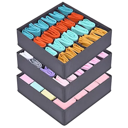 ULG 3 Pack Sock Drawer Organizer Underwear Organizer Divider Machine Washable Oxford Cloth, 64 Cell Fabric Cabinet Closet Organizer Storage for Storing Socks, Underwear, Tie, Light Grey (16 24 24 Cell)