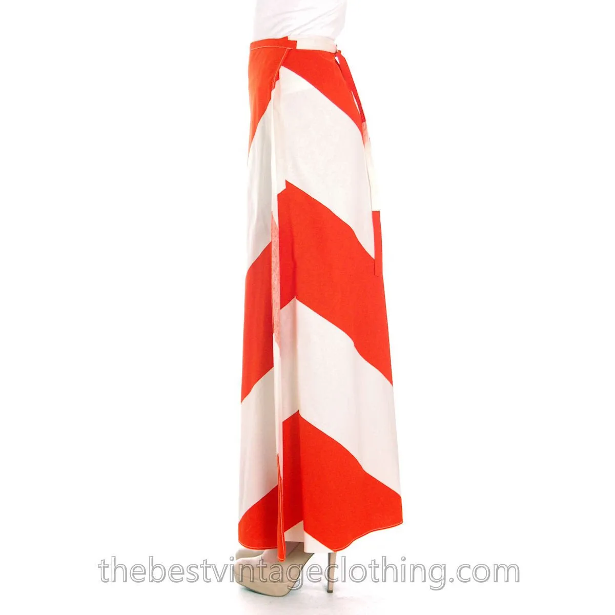 Vintage Vuokko 1970s METSÄ Awning Stripe Maxi Wrap Skirt Orange & White M
