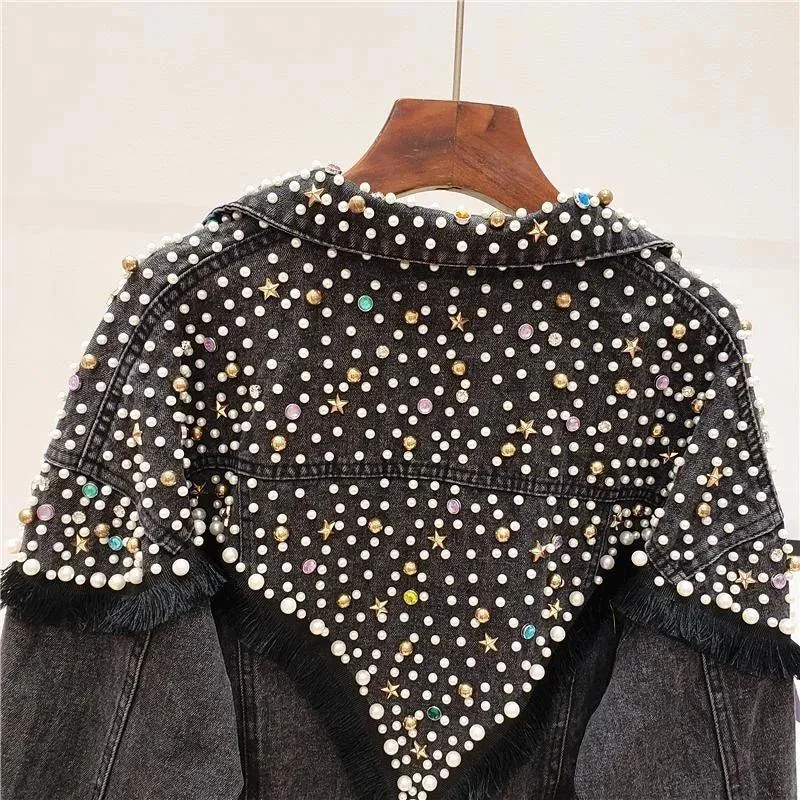 Women's Hand-Studded Pearl Denim Jacket – Trendy Punk Streetwear with Tassel